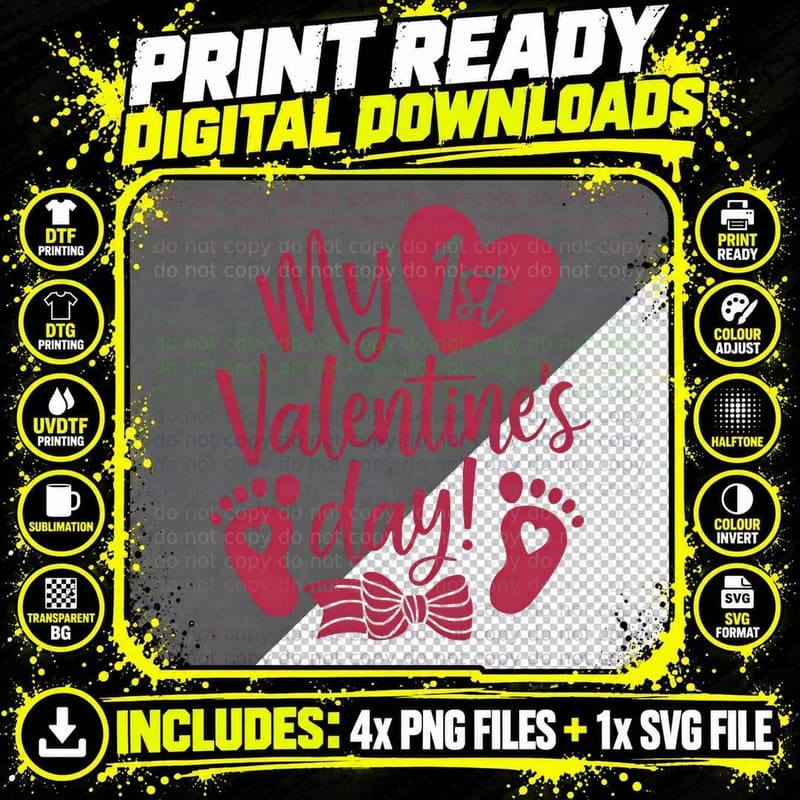 Baby Footprints My 1st Valentine's Day Pink with Heart Png SVG Digital Bundle