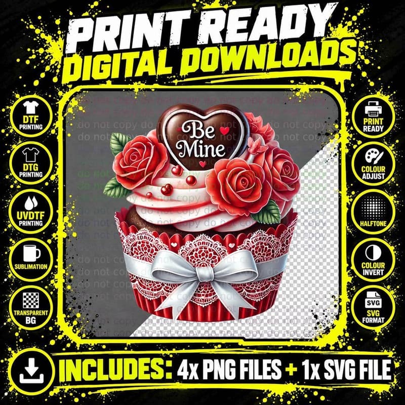 Be Mine 3D Cupcake Roses Lace Heart T-Shirt Png SVG Digital Bundle
