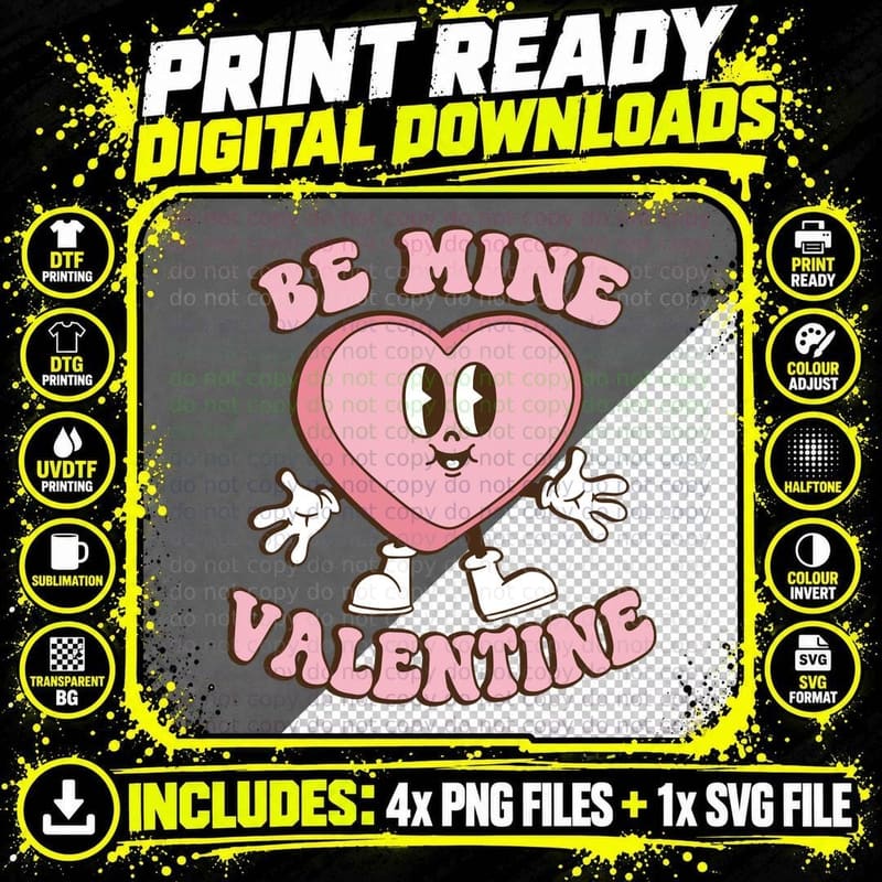 Be Mine Cartoon Heart Valentine Pink Character Retro Png SVG Digital Bundle