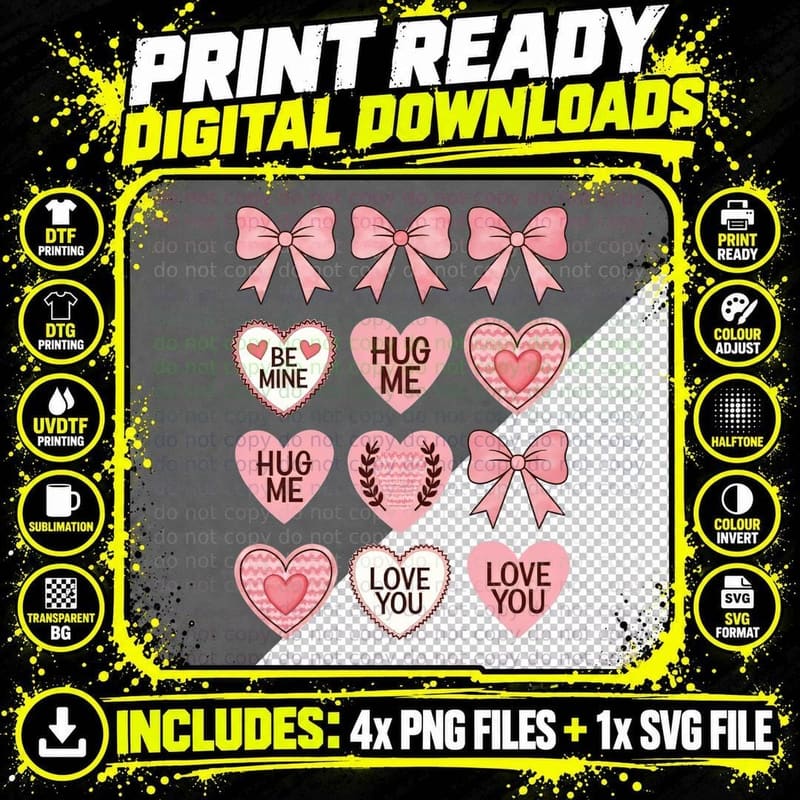 Be Mine Hug Me Love You Pink Heart Bows Valentine Cute Png SVG Digital Bundle