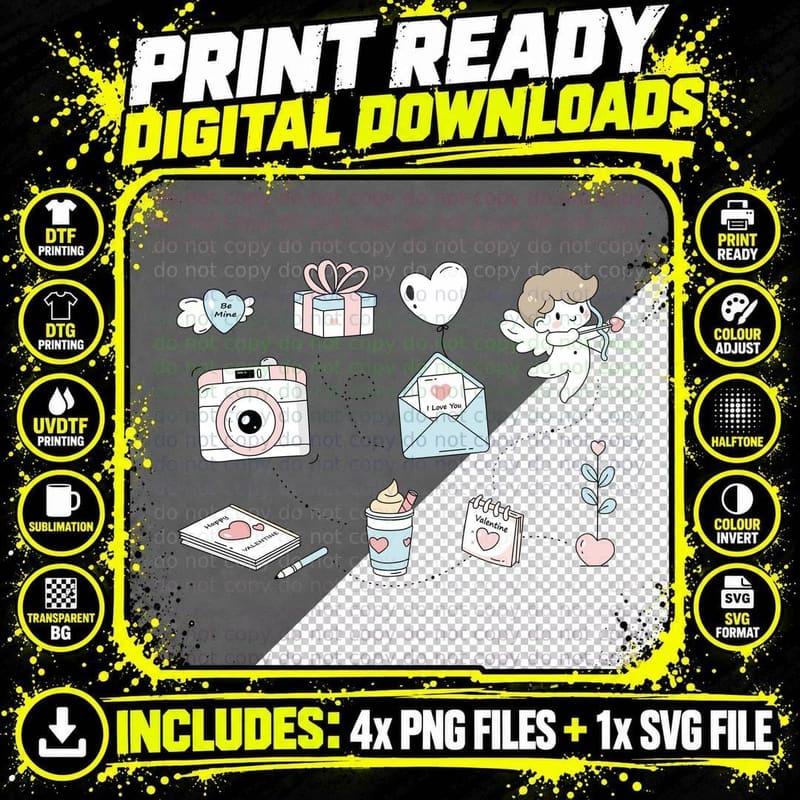 Be Mine I Love You Romantic Icons Illustration Halftone Png SVG Digital Bundle