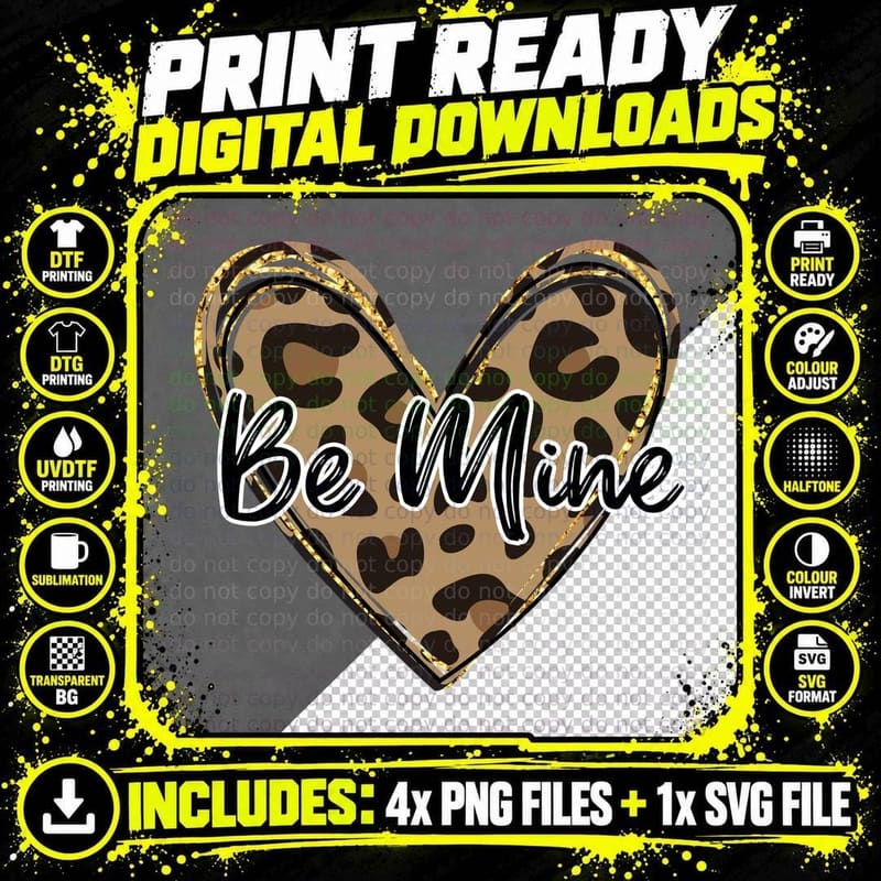 Be Mine Leopard Print Heart Gold Trim Sparkle Romantic Png SVG Digital Bundle