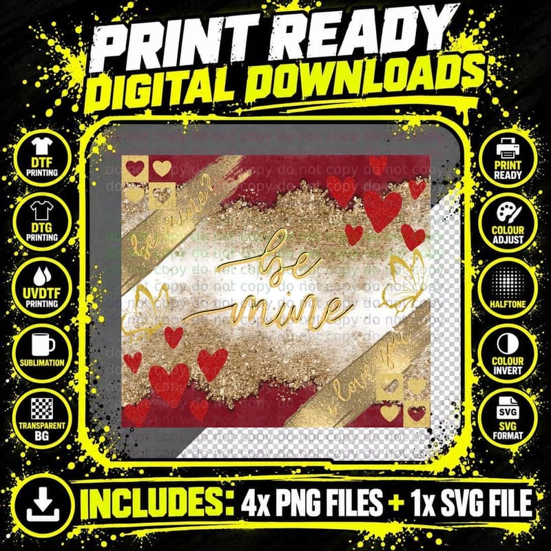 Be Mine Love Gold Glitter Hearts Red Romantic Elegant Png SVG Digital Bundle