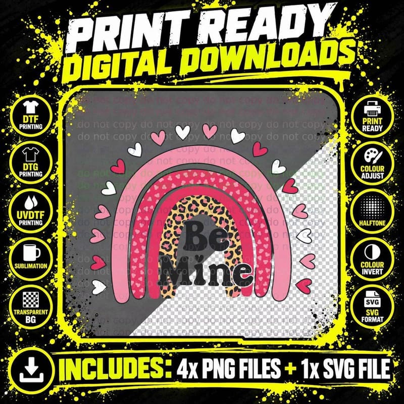 Be Mine Rainbow Pink Heart with Hearts Outline Valentine Png SVG Digital Bundle