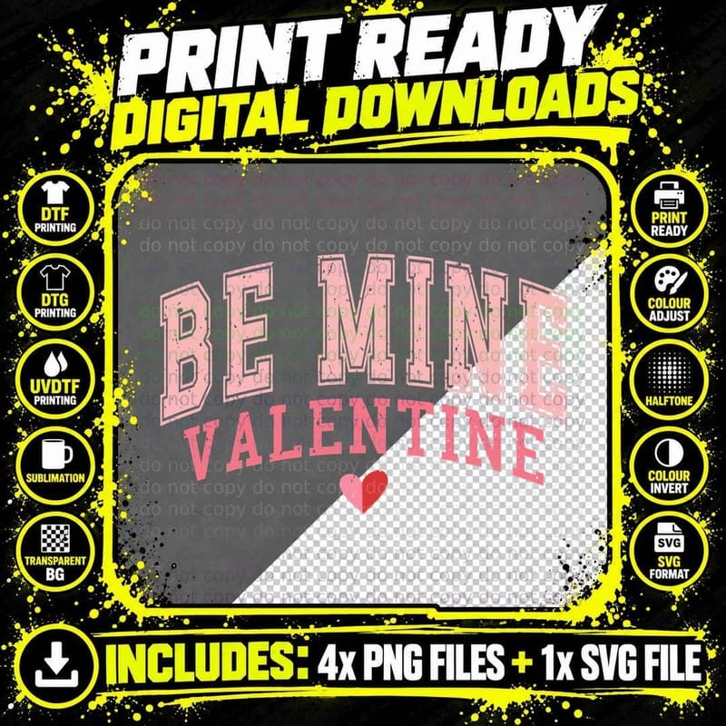 Be Mine Valentine Large Pink Distressed Letters Heart Png SVG Digital Bundle
