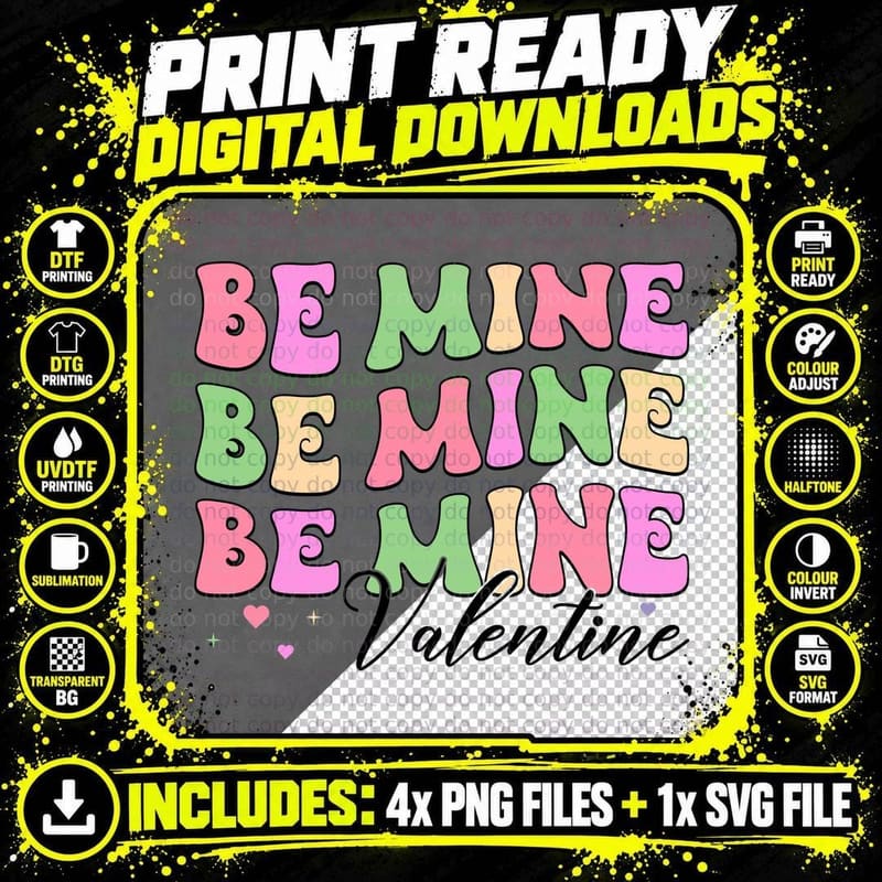 Be Mine Valentine Pastel Rainbow Letters Repeated Text Png SVG Digital Bundle