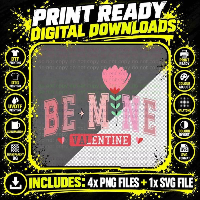 Be Mine Valentine Pink Flower Decoration Vintage Png SVG Digital Bundle