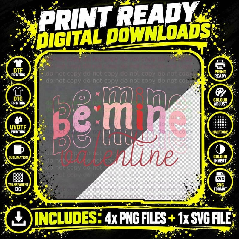Be Mine Valentine Stylized Text Pink Letters Hearts Png SVG Digital Bundle