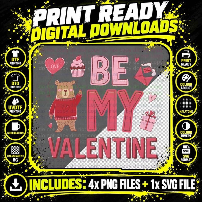 Be My Valentine Love More Worry Less Teddy Bear Heart Png SVG Digital Bundle