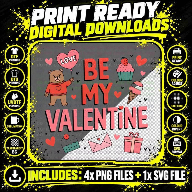 Be My Valentine Teddy Bear Cupcake Ice Cream Hearts Cute Png SVG Digital Bundle