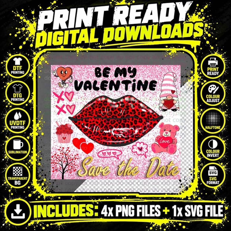 Be My Valentine XOXO Save the Date Leopard Lips Hearts Png SVG Digital Bundle