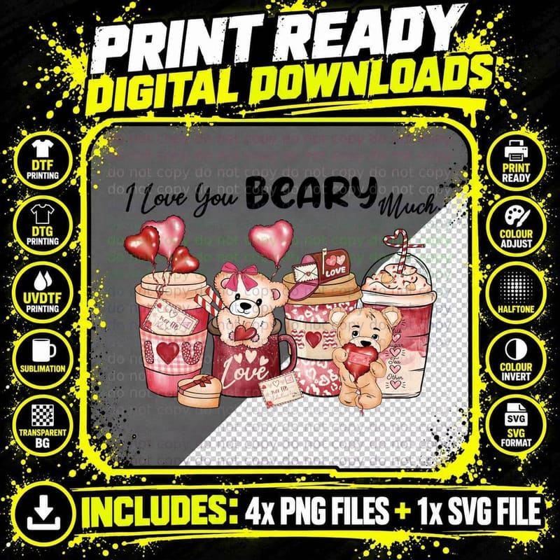 Beary Much I Love You Teddy Bears Coffee Cups Cupid Png SVG Digital Bundle