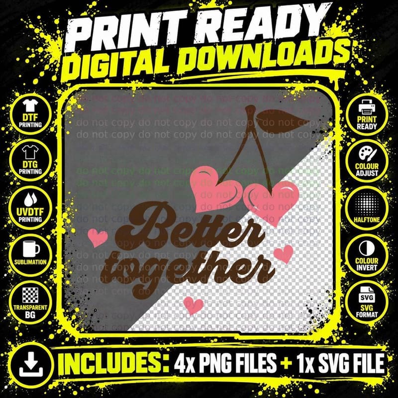 Better Together Red and Pink Cherries Brown Text Png SVG Digital Bundle