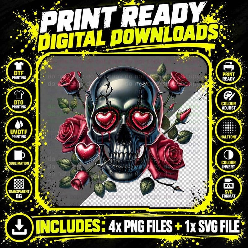 Black Skull Roses Red Hearts Dark Romance T-Shirt Png SVG Digital Bundle