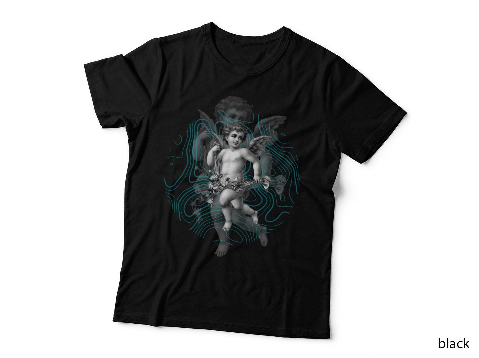 Black Teal Gothic Cupid Illustration T-Shirt