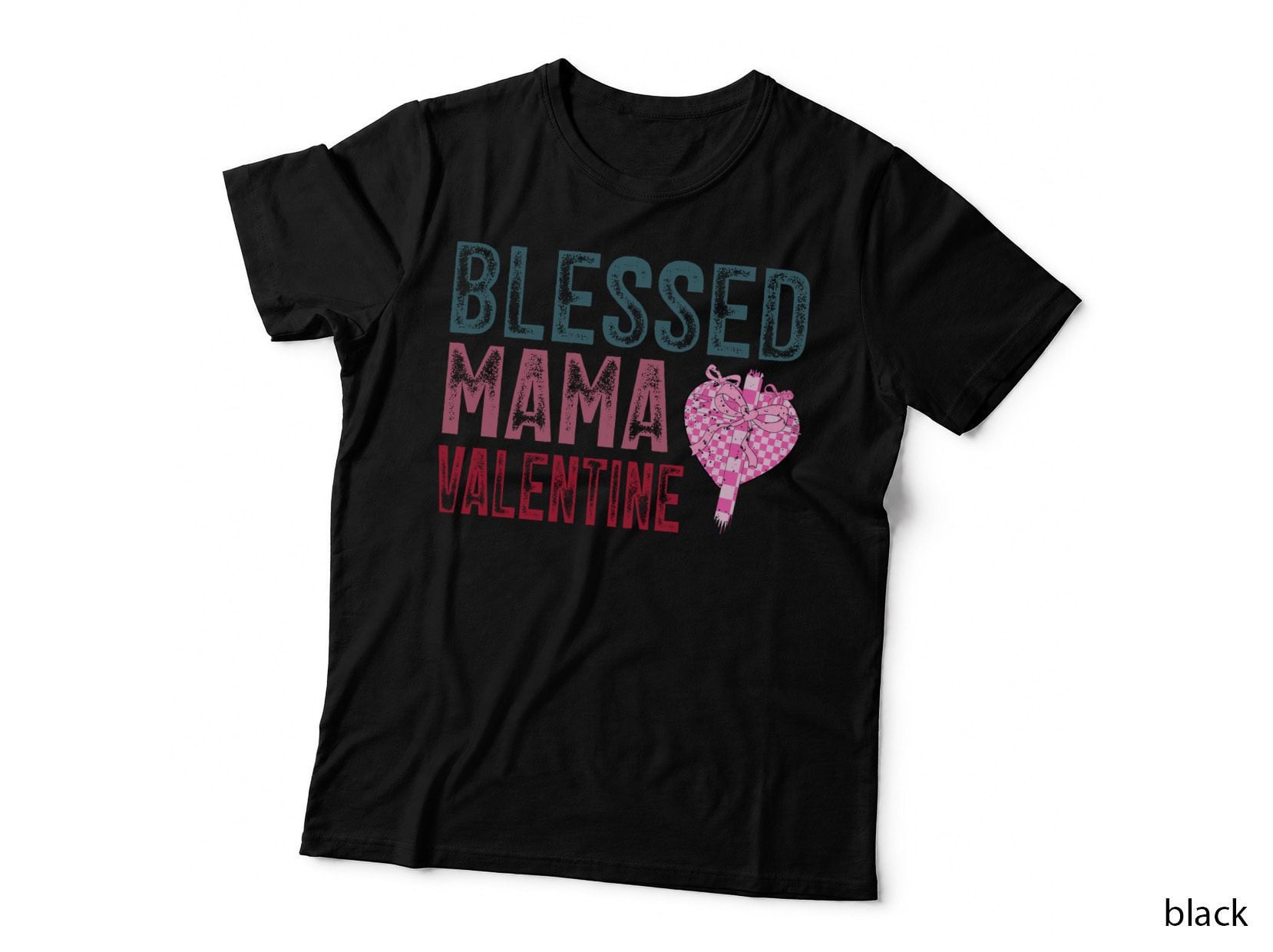Blessed Mama Valentine Pink Checkered Heart with Bow Spiritual T-Shirt