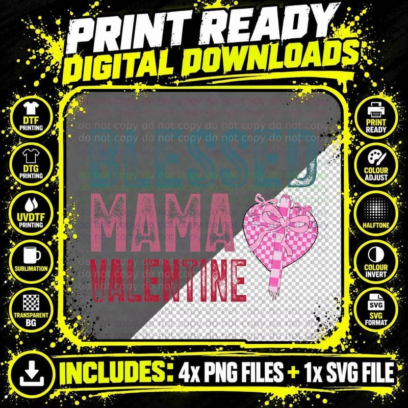 Blessed Mama Valentine Pink Checkered Heart with Bow Png SVG Digital Bundle