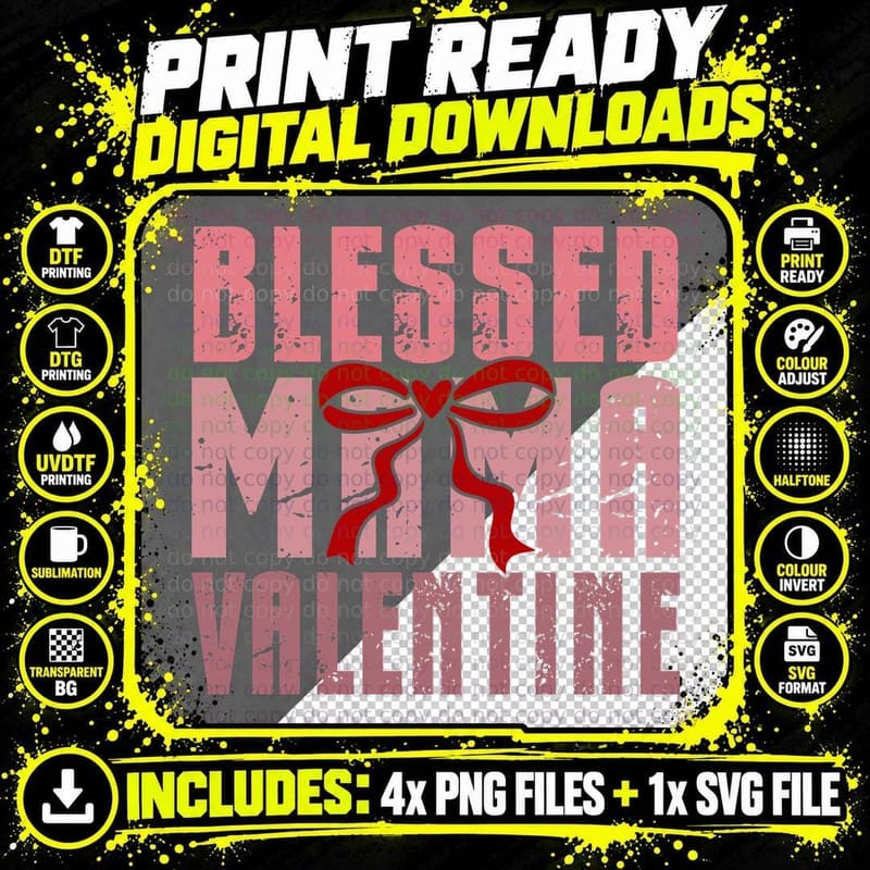 Blessed Mama Valentine Pink Distressed Letters Bow Heart Png SVG Digital Bundle
