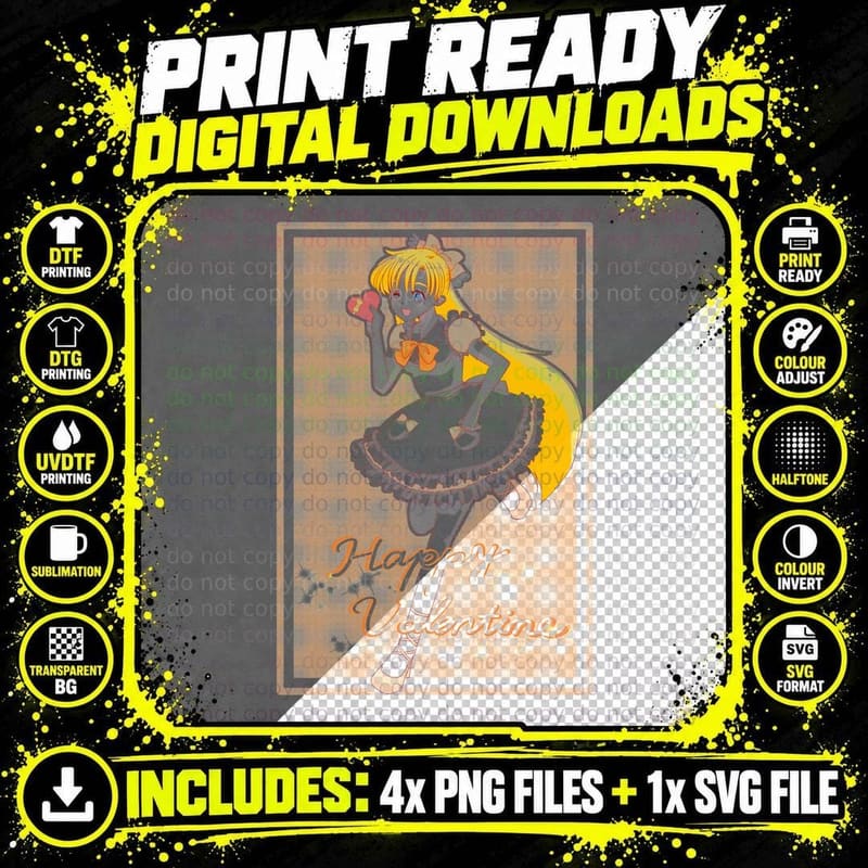 Blonde Anime Girl Happy Valentine Hair Orange Frame Png SVG Digital Bundle