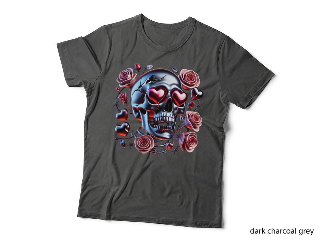 Blue Skull Heart Metallic Pink Roses Hearts Goth T-Shirt
