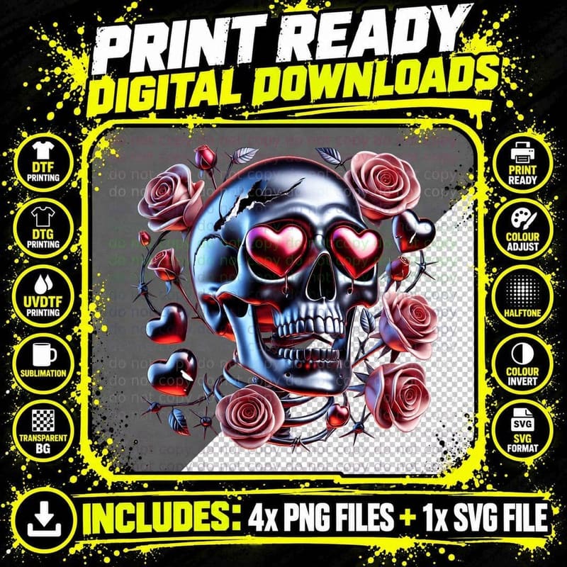 Blue Skull Heart Metallic Pink Roses Hearts Goth T-Shirt Png SVG Digital Bundle