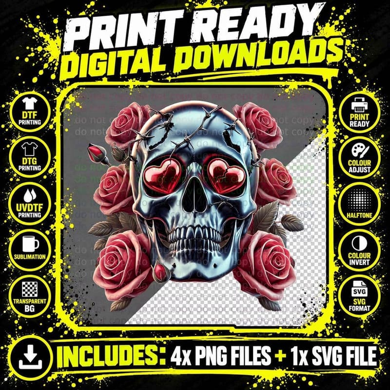Blue Skull Roses Metallic Pink Hearts Goth T-Shirt Png SVG Digital Bundle