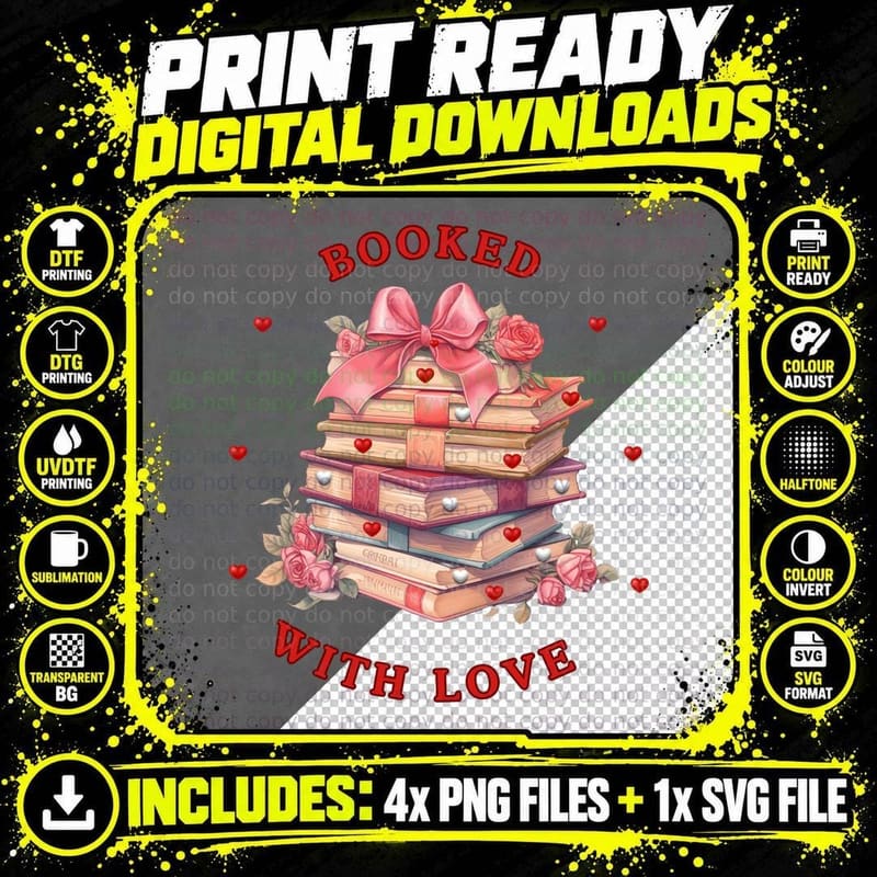 Books Stack Booked with Love Pink Red Hearts Roses Bow Png SVG Digital Bundle