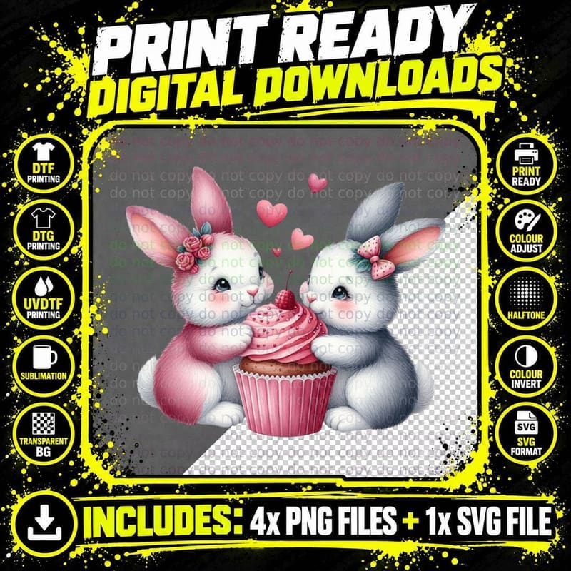 Bunnies Cupcake Two White Pink Hearts Adorable 02 T-Shirt Png SVG Digital Bundle