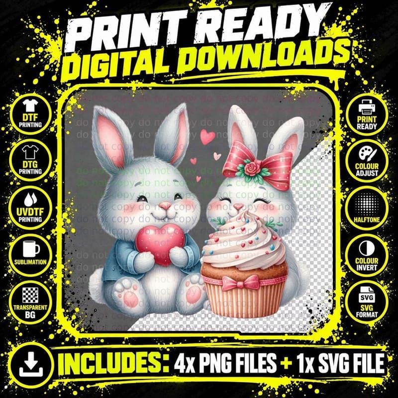 Bunnies with Cupcake Two White Pink Hearts Cute T-Shirt Png SVG Digital Bundle