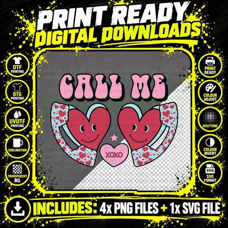 Call Me Pink Smiling Heart Faces Romantic T-Shirt Png SVG Digital Bundle