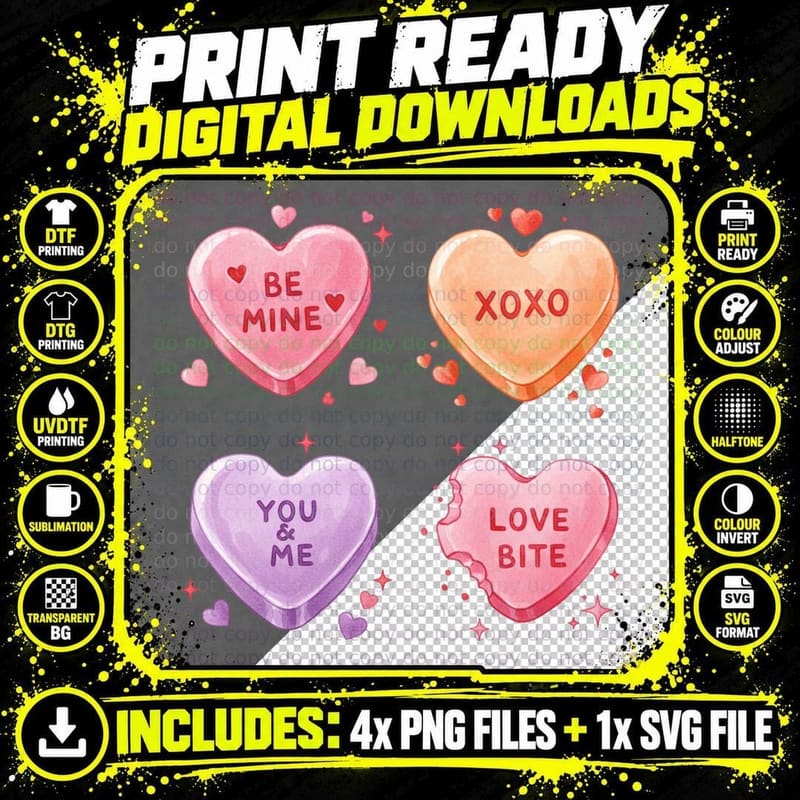 Candy Hearts Be Mine XOXO You Me Love Bite Y2k Png SVG Digital Bundle