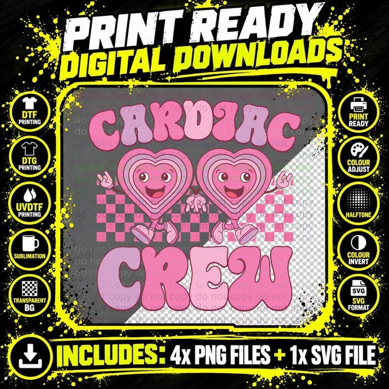 Cardiac Crew Pink Hearts with Cute Characters Healthcare Png SVG Digital Bundle