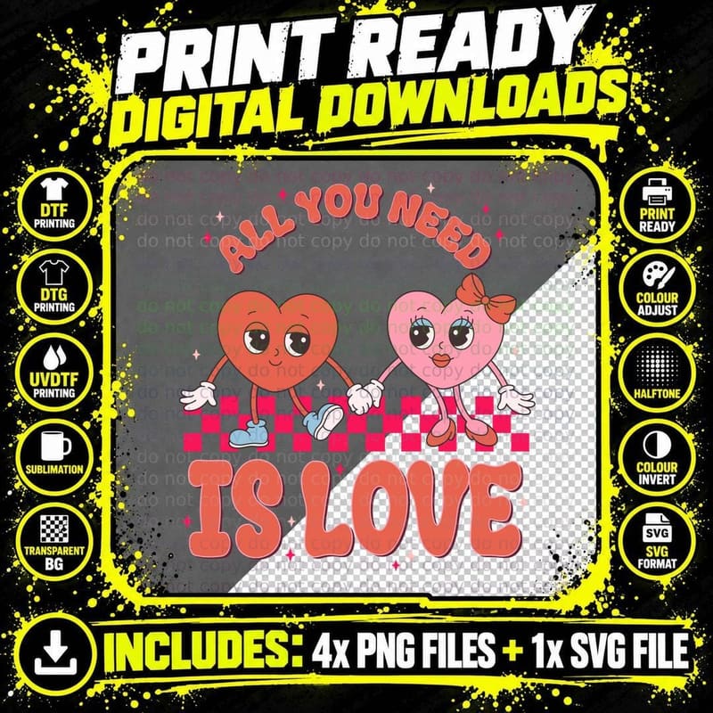 Cartoon Heart Characters All You Need Is Love Retro Cute Png SVG Digital Bundle