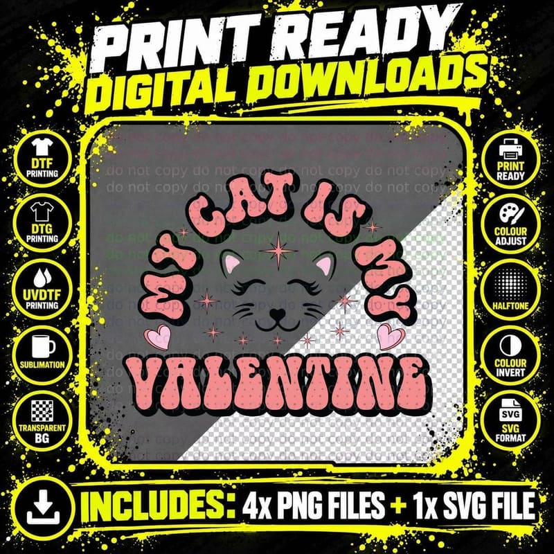 Cat Is My Valentine Face with Hearts Pink Text Retro Png SVG Digital Bundle