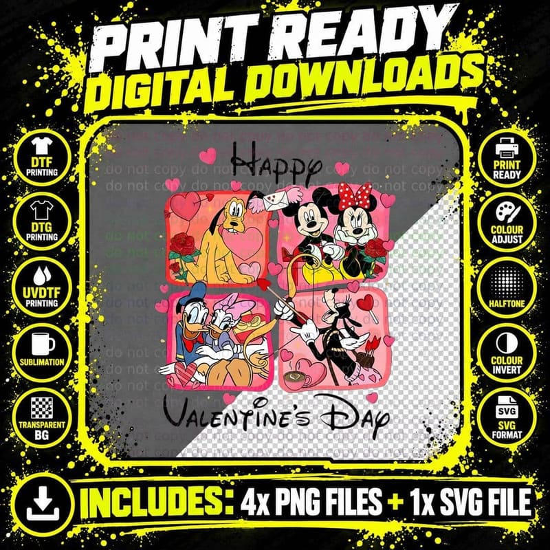 Characters Happy Valentine's Day Gang Multi-Panel T-Shirt Png SVG Digital Bundle