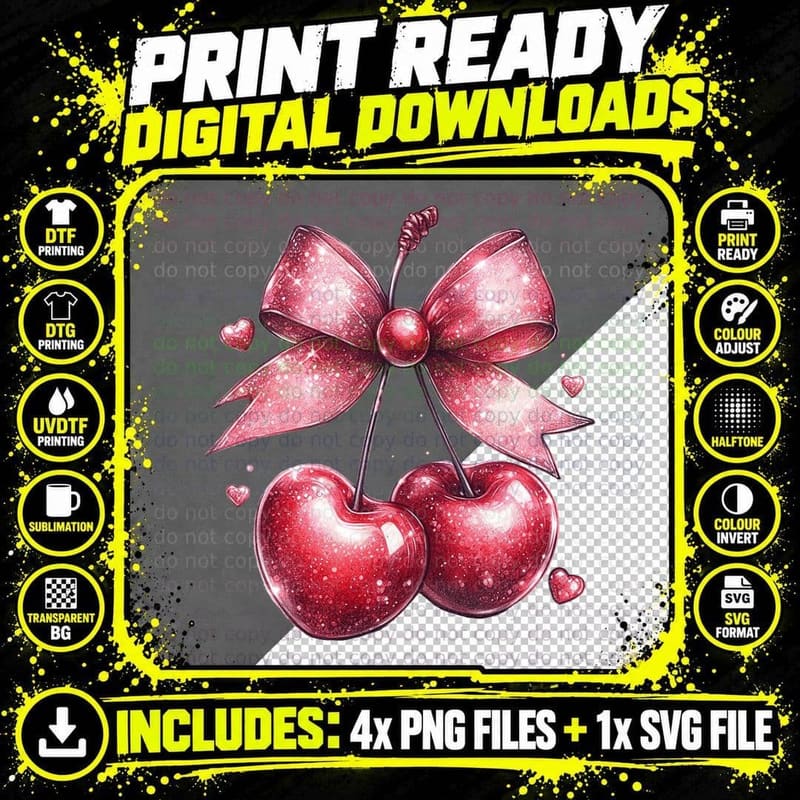 Cherry Bow Pink Sparkle T-Shirt Png SVG Digital Bundle