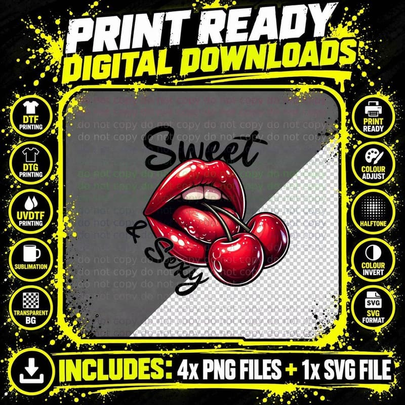 Cherry Lips Sweet Sexy with Cherries Glossy Romantic Png SVG Digital Bundle