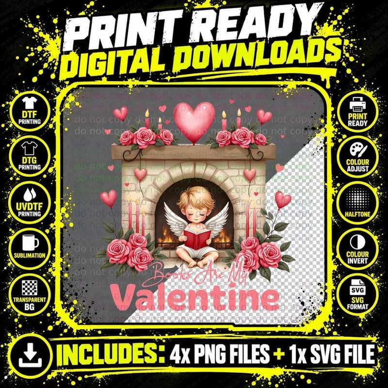 Cherub Reading Books Are My Valentine Vintage Fireplace Png SVG Digital Bundle