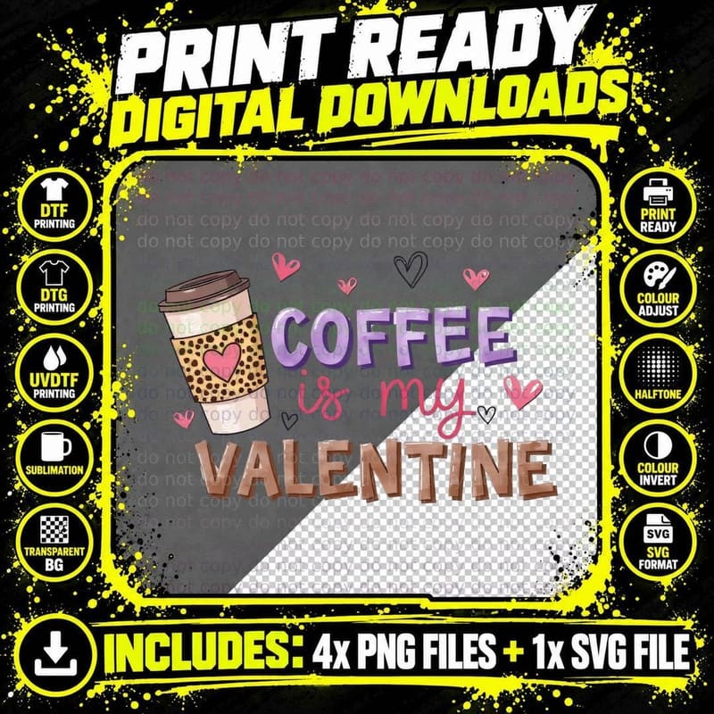 Coffee Cup Leopard Is My Valentine Retro Print T-Shirt Png SVG Digital Bundle