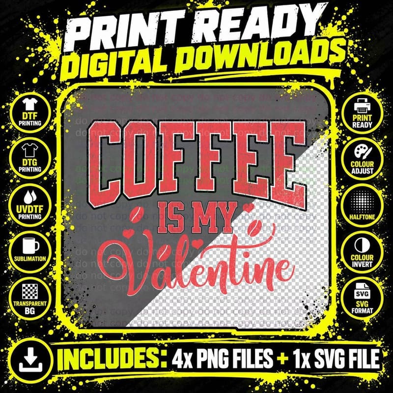Coffee Is My Valentine Red Outlined Retro Text with Png SVG Digital Bundle