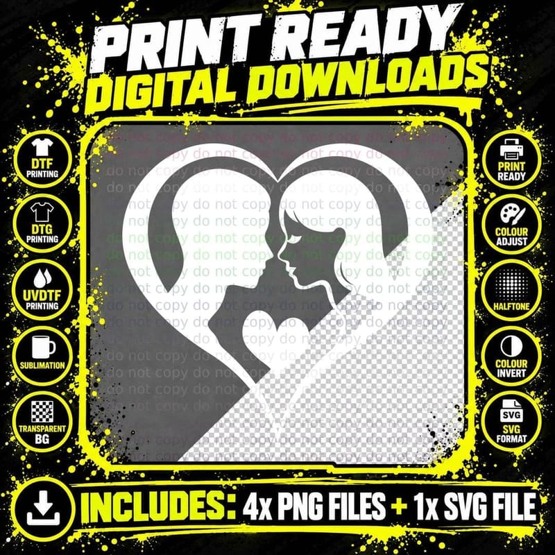Couple Kiss Two Face Profiles Kissing Silhouette Romance Png SVG Digital Bundle