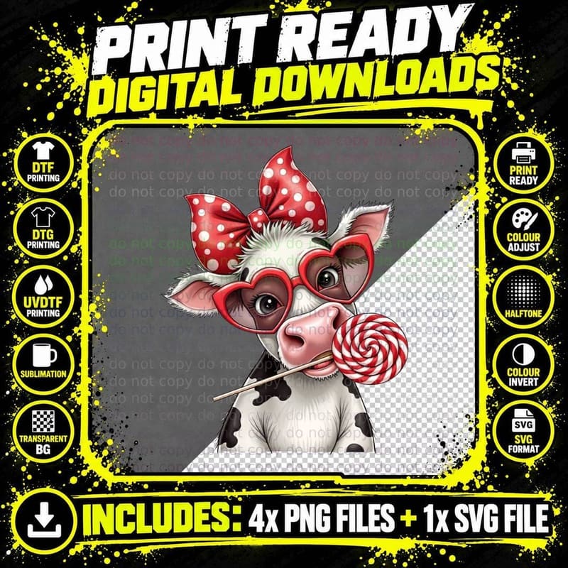 Cow Lollipop White with Red Bow Heart-Shaped Valentine Png SVG Digital Bundle