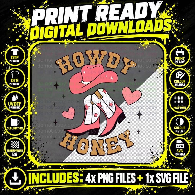 Cowboy Honey Howdy Boots Heart Western Cowgirl Rodeo Png SVG Digital Bundle