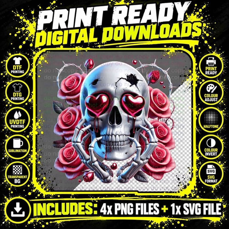 Cracked Skull White with Cracks Pink Roses Hearts Goth Png SVG Digital Bundle