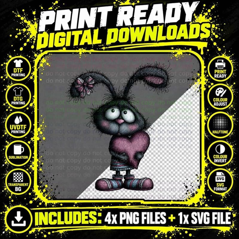 Creature Rabbit Pink Heart Cute T-Shirt Png SVG Digital Bundle
