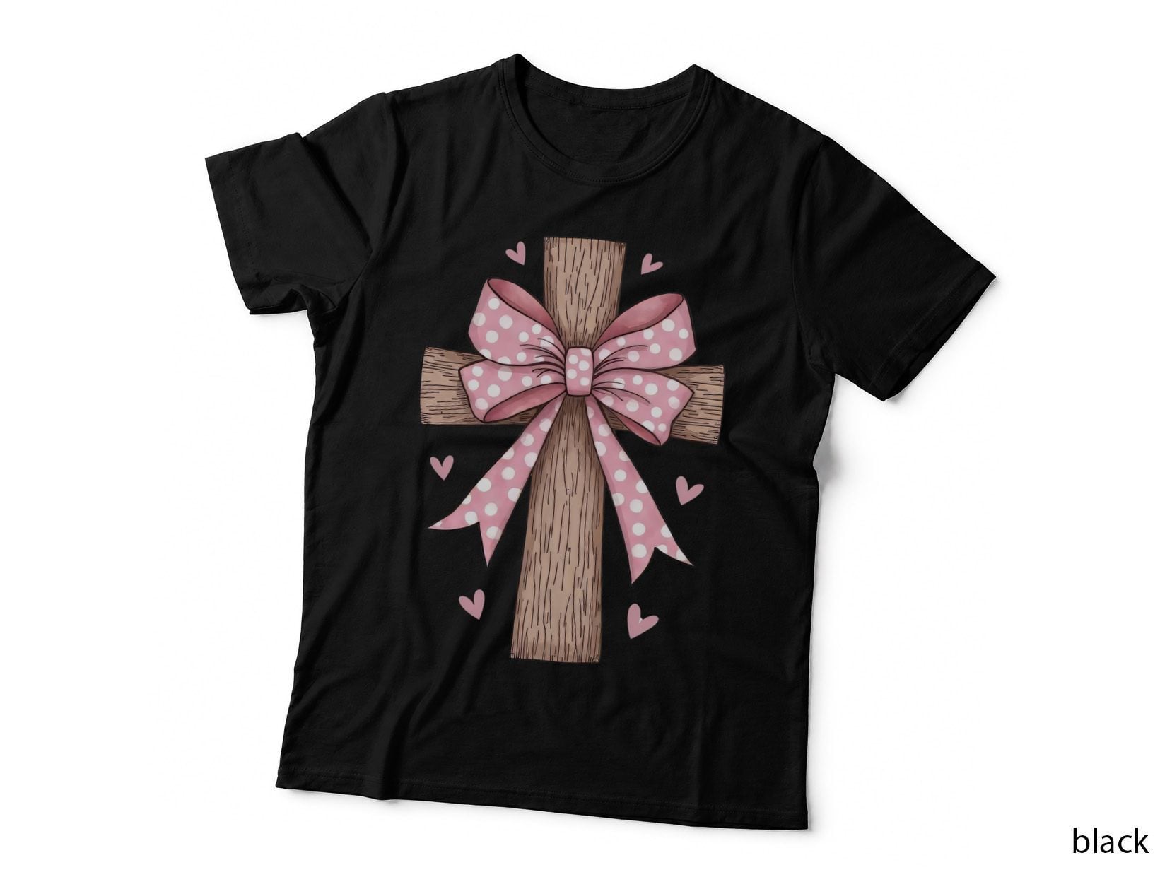 Cross Pink Bow Wooden with Polka Dot T-Shirt