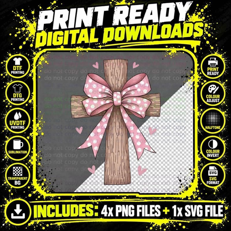 Cross Pink Bow Wooden with Polka Dot T-Shirt Png SVG Digital Bundle