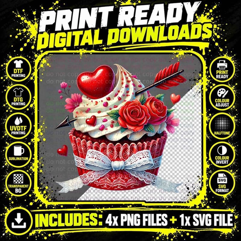 Cupcake Heart Rose Whipped Cream T-Shirt Png SVG Digital Bundle