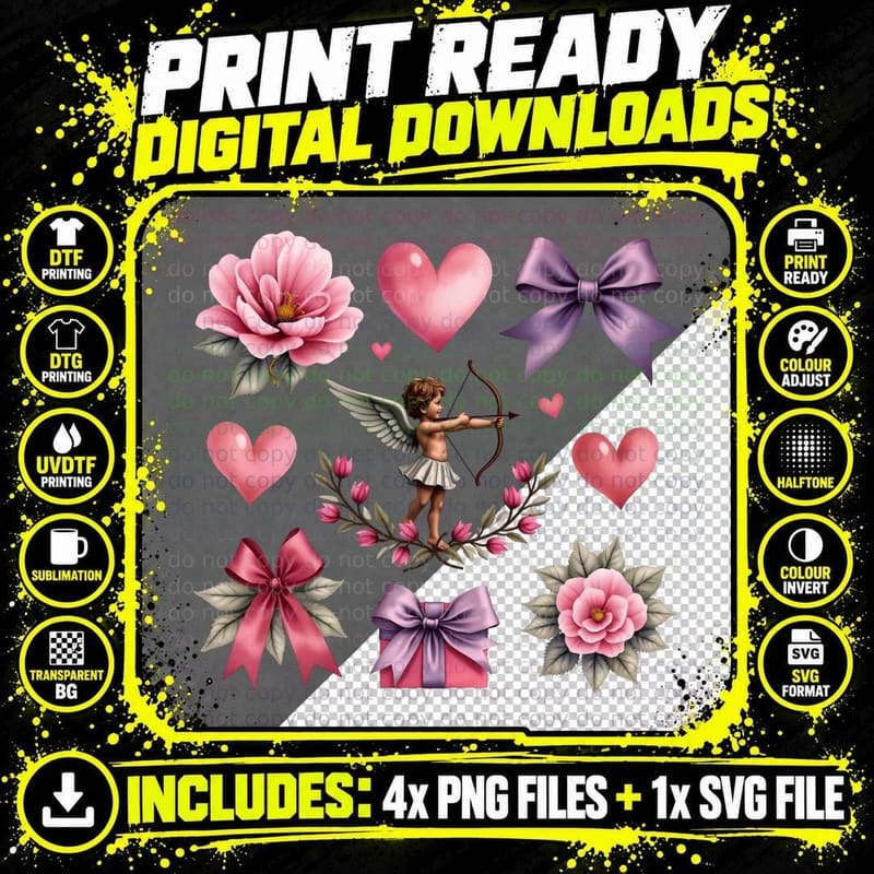 Cupid Archer Vintage Hearts Flowers Bows T-Shirt Png SVG Digital Bundle