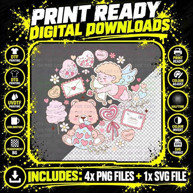 Cupid Collection Angel Bears Hearts Mail Stickers T-Shirt Png SVG Digital Bundle